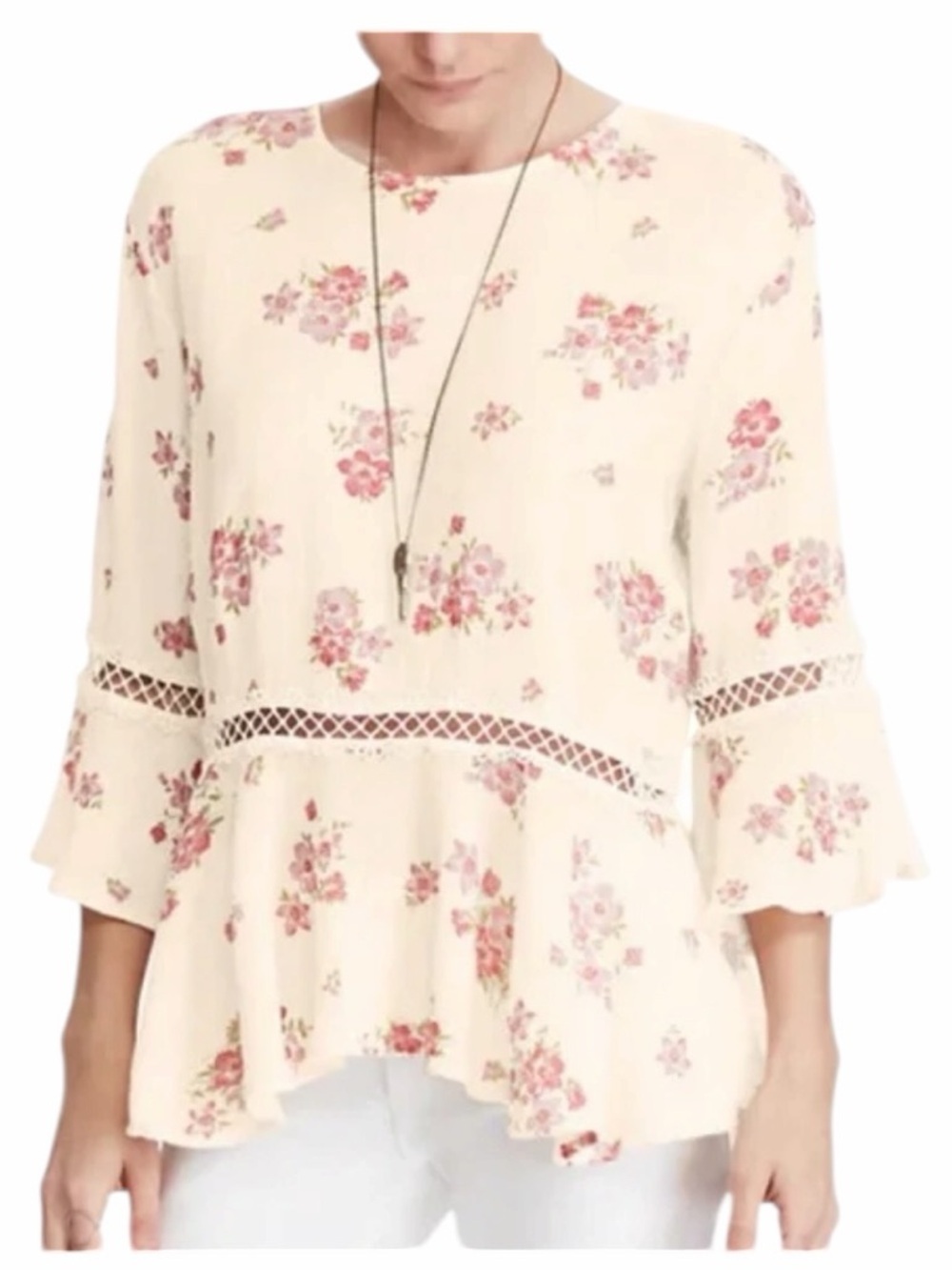 Denim & Supply Ralph Lauren Floral Peplum Blouse Medium Cream Boho Lace Trim Top